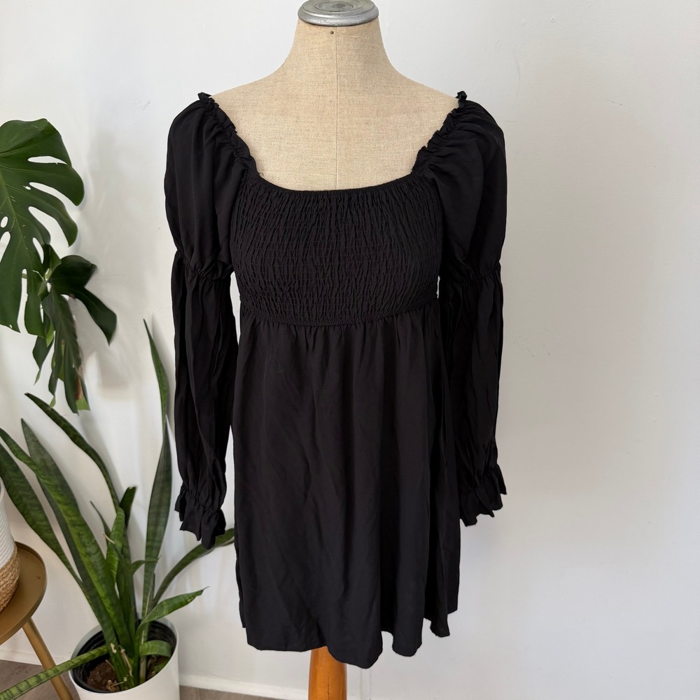 Niay Smocked Mini Dress Womens Large Black Puff Sleeve Square Neck Cottagecore